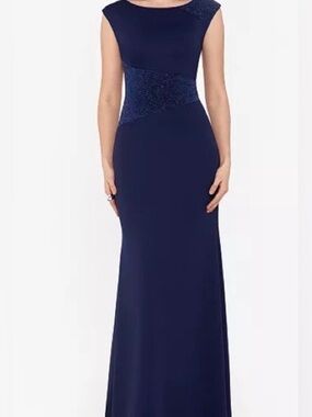 Xscape Navy Sleeveless Maxi Dress with Sparkle Waist